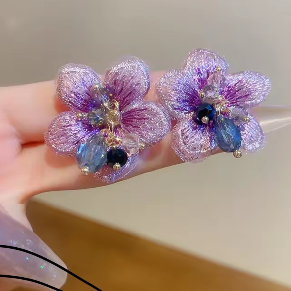 Floral Earrings with Purple and Gold Accents - Picture 4 of 7